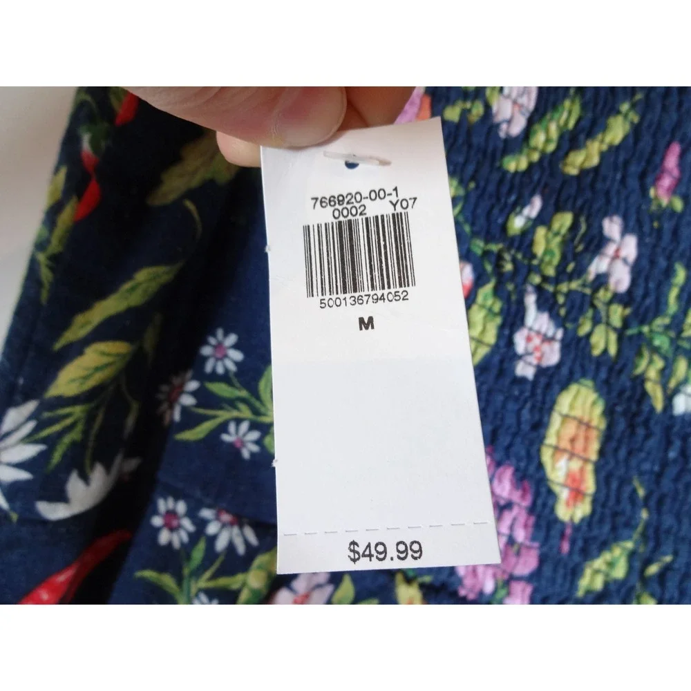 Old Navy Fruit Print Dress Women Medium Navy Linen Blend Smocked Cottagecore NWT